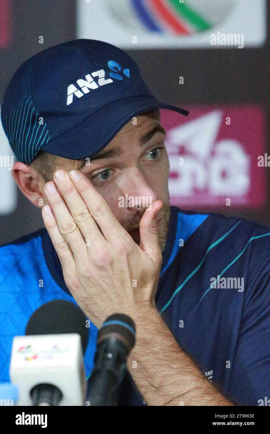 Der neuseeländische Hauptmann spricht auf der Pressekonferenz vor dem Spiel nach dem Training im Sylhet International Cricket Stadium für den ersten Test mA Stockfoto