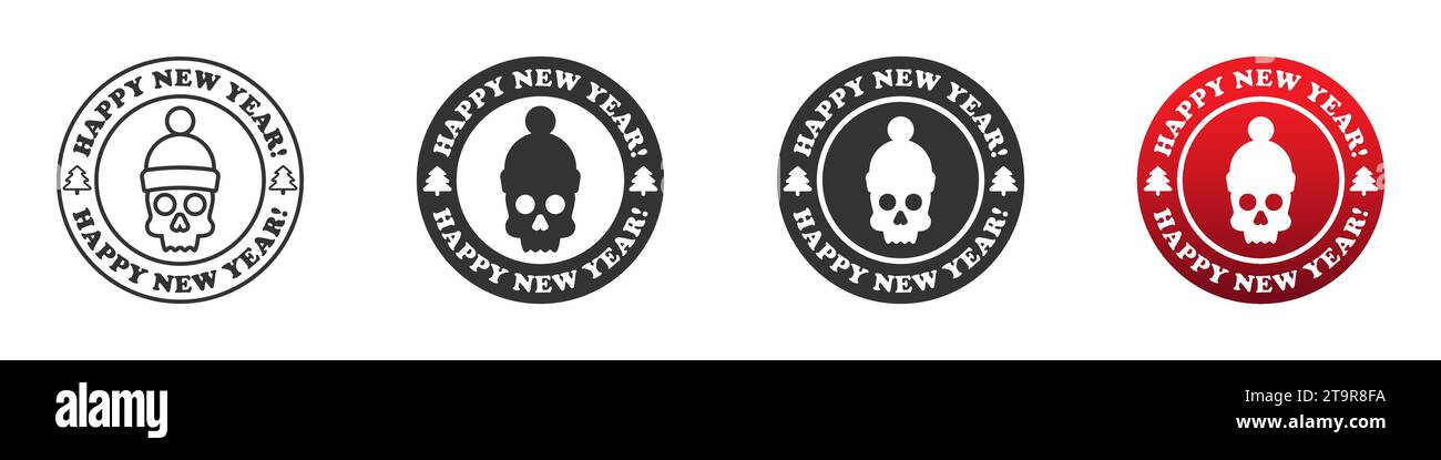 Skull im Winter Hut auf rundem Abzeichen mit Schriftzug: Happy New Year! Weihnachtsschädel-Symbol. Vektorabbildung Stock Vektor