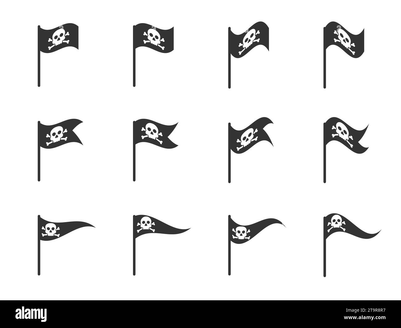 Jolly Roger Symbolgruppe. Symbol für Piratenflagge. Illustration des flachen Vektors. Stock Vektor