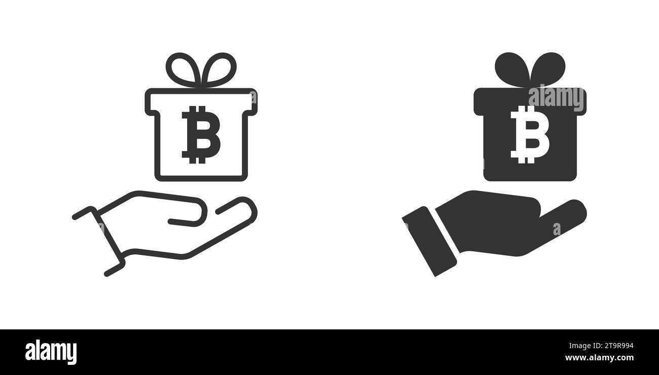 Spendensymbol. Bitcoin-Zeichen. Geschenkbox auf der Hand. Vektorabbildung Stock Vektor