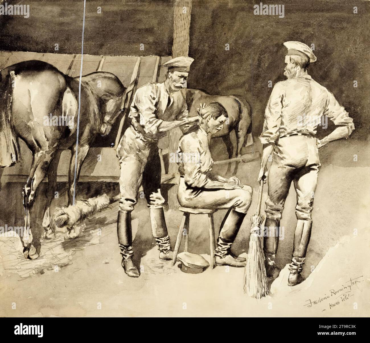 Frederic Remington, Ein Haarschnitt in einem Kavallerie-Stall, Aquarellmalerei, 1891-1895 Stockfoto