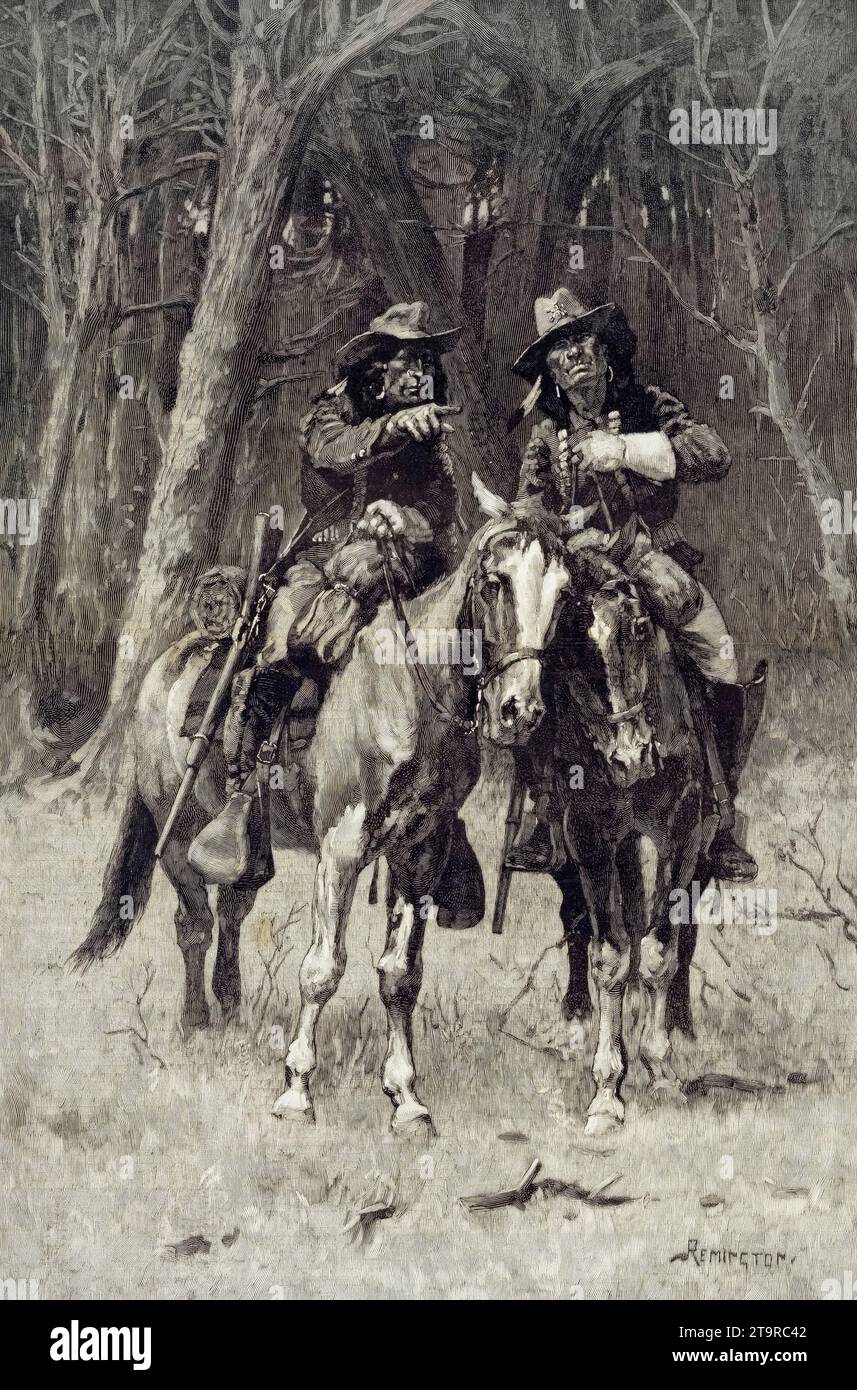 Frederic Remington, Cheyenne Scouts patrouillieren The Big Timber of the North Canadian, Oklahoma, Holzschnitt, 1889 Stockfoto