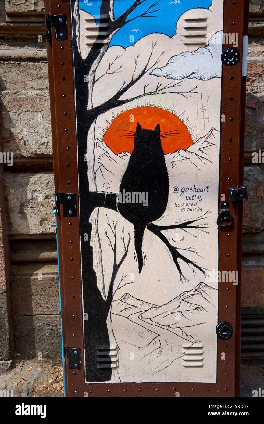 Grafitto auf Zählerkasten, Katze schaut in den Sonnenuntergang, Tiflis, Tiflis, Tiflis, Tiflis, Tiflis, Georgien Stockfoto