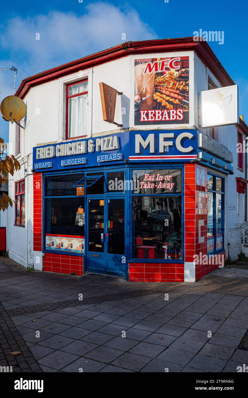 British Kebab Shop - Great Yarmouth Fast Food Store - MFC Kebabs Chicken & Pizza Shop in Great Yarmouth, Norfolk UK Stockfoto
