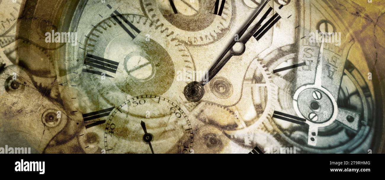 Fotografische Collage des antiken Zeitmesserkonzepts. Flacher Fokus und Steinstruktur über Uhrwerken. Composite mit Bildern desselben Autors. Stockfoto
