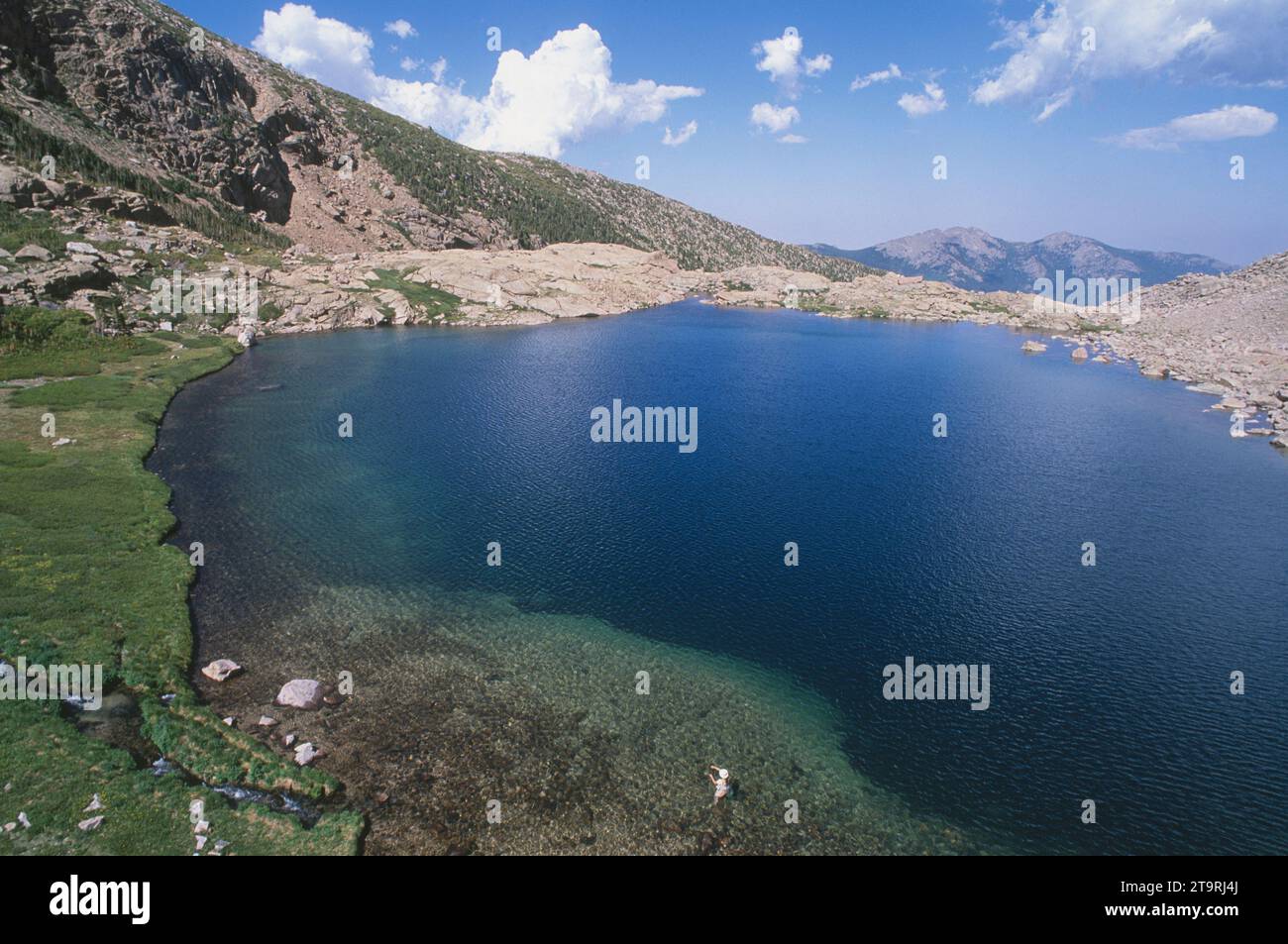 Fliegenfischen im Alpensee Stockfoto