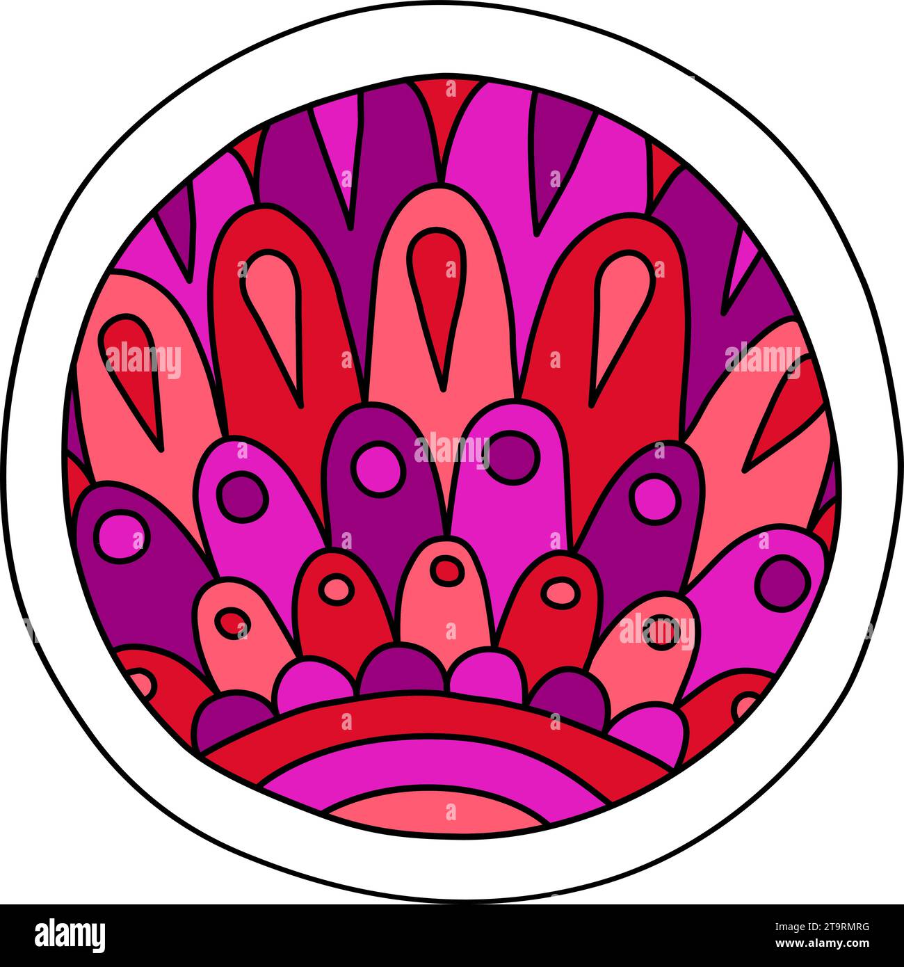 Runde Malseite gefüllt mit handgezeichneten Doodle-Motiven in einem Kreis, isoliert auf weißem Hintergrund. Vektorgrafik Stock Vektor