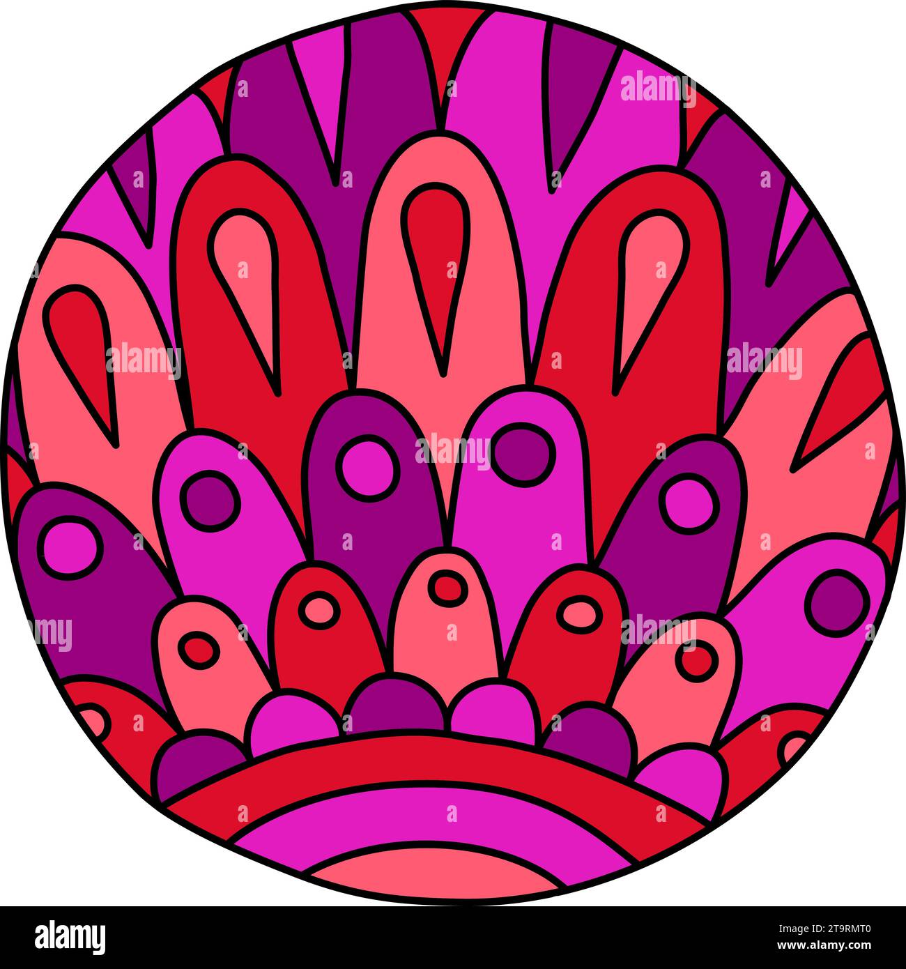 Runde Malseite gefüllt mit handgezeichneten Doodle-Motiven in einem Kreis, isoliert auf weißem Hintergrund. Vektorgrafik Stock Vektor