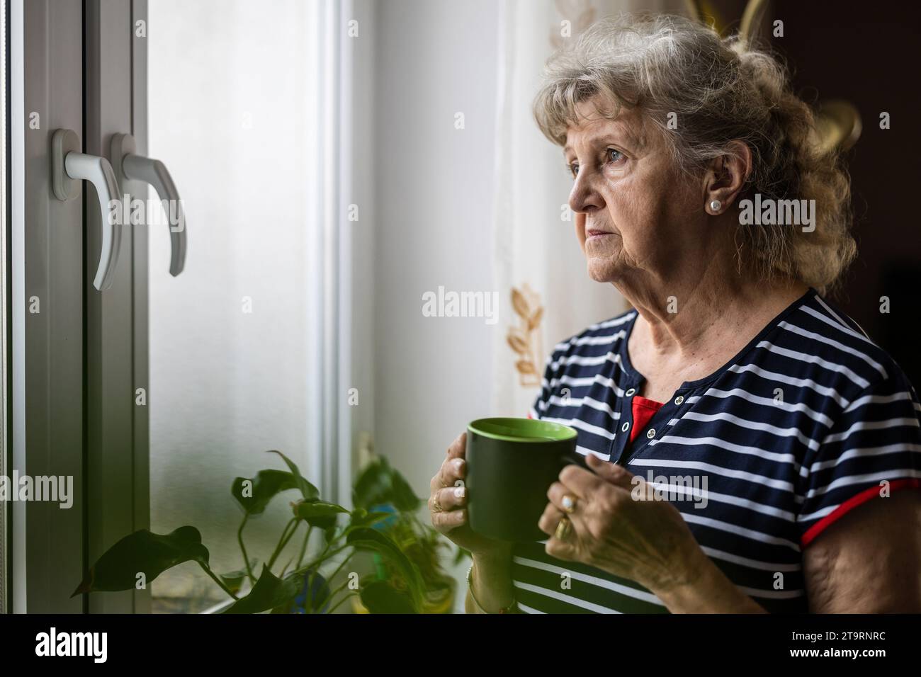Porträt von senior Frau Blick durch Fenster Stockfoto