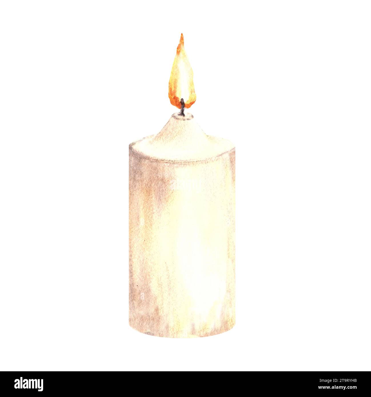 Aquarellset mit brennender weißer beigefarbener Wachskerze mit Kerzenleuchter. Handgezeichnete Abbildung. Romantisches Clipart bei Kerzenschein für Ihre Karte, Innenräume Stockfoto