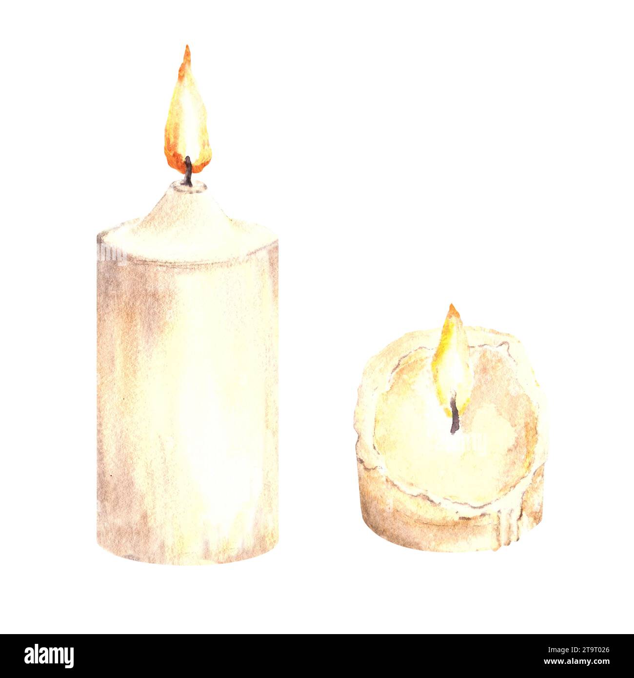 Aquarellset mit brennenden weißen beigefarbenen Wachskerzen mit Kerzendocht. Handgezeichnete Abbildung. Romantisches Clipart bei Kerzenschein für Ihre Karte, Innenräume Stockfoto