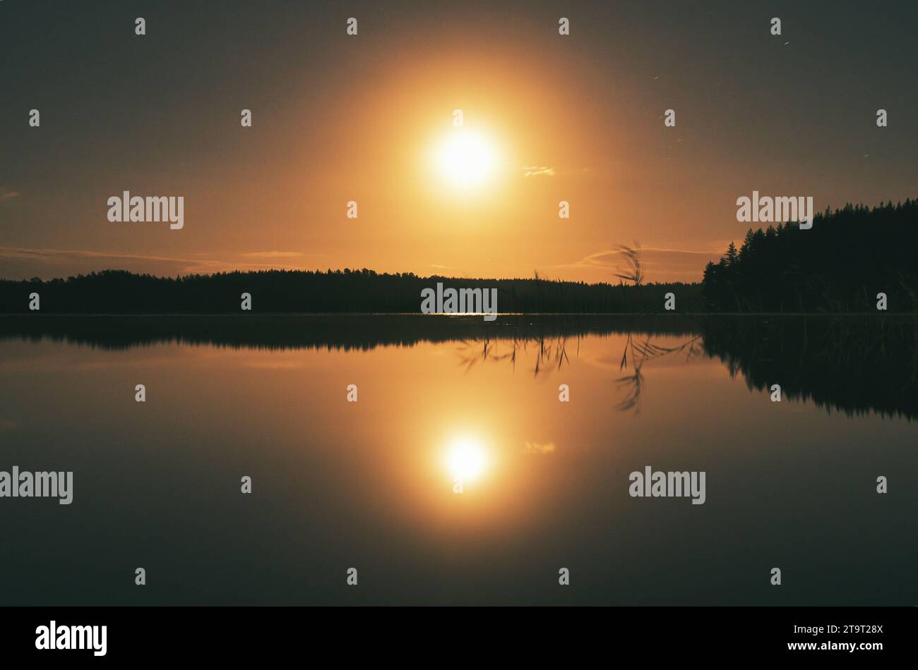 Sonnenuntergang auf einem See in Schweden. Das Mondlicht wird im ruhigen Wasser reflektiert. Naturfoto aus Skandinavien Stockfoto