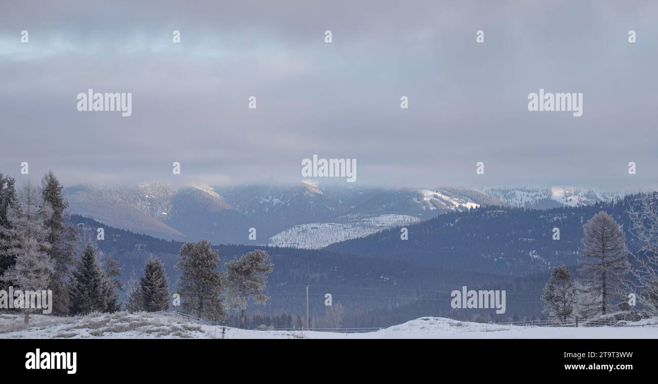 Blick auf die Berge des Glacier National Park im Winter, Montana, USA Stockfoto