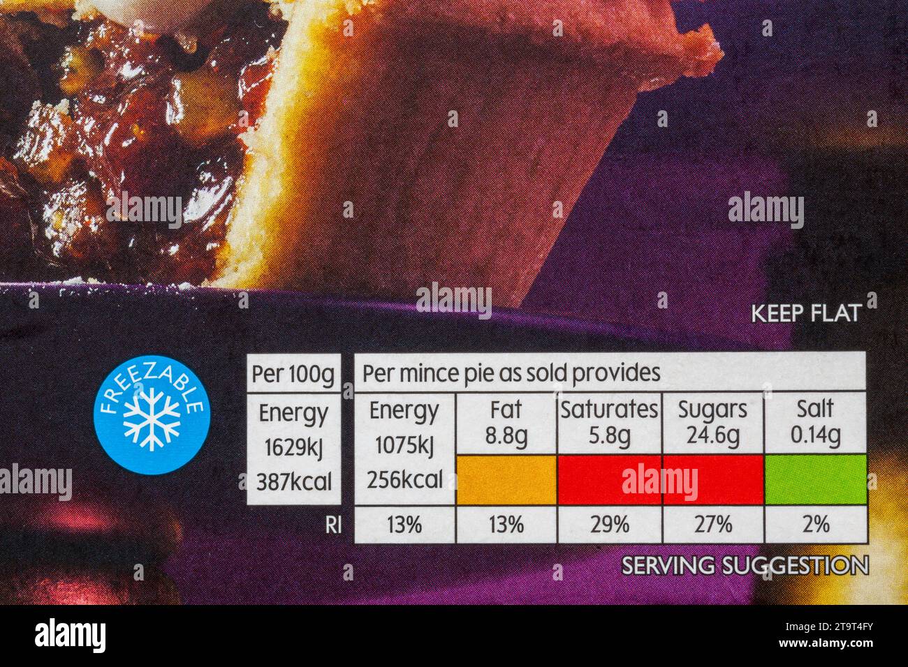 Nährwertangaben Ampelsystem Kennzeichnung farbcodierte Etiketteninformationen auf der Schachtel Waitrose Christmas 6 alle Butterhackkuchen Stockfoto