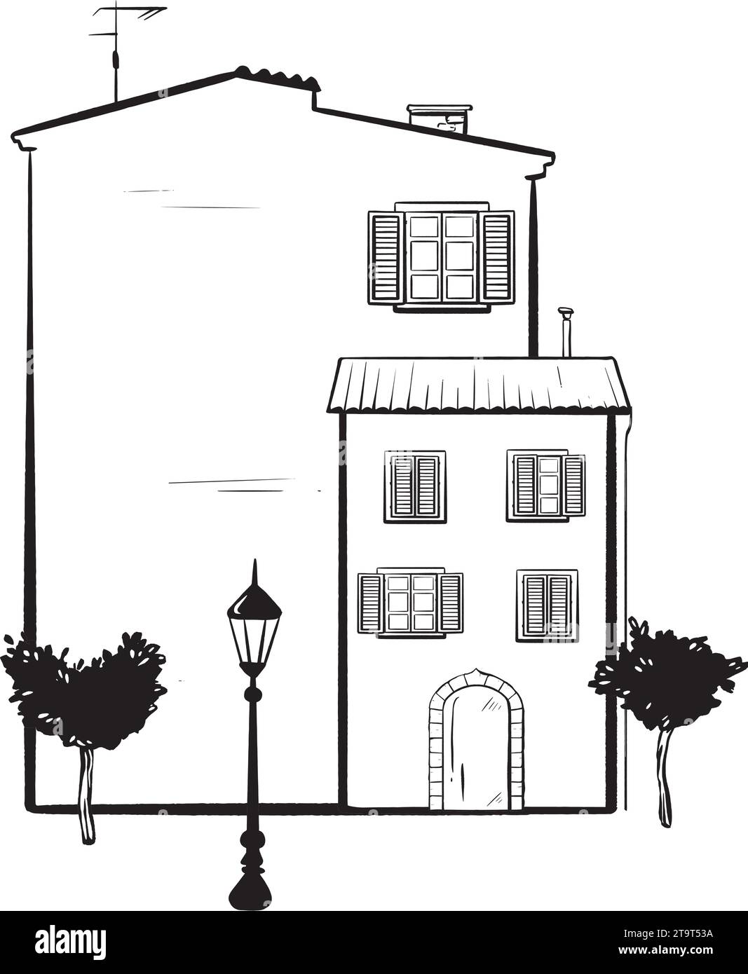 Handgezeichneter Tintenvektor. Gemütliches italienisches Haus. Äußere Skizze, die einen Abschnitt der Straße erfasst. Das Gebäude verfügt über Türen, Fenster, Schornsteine und Stock Vektor