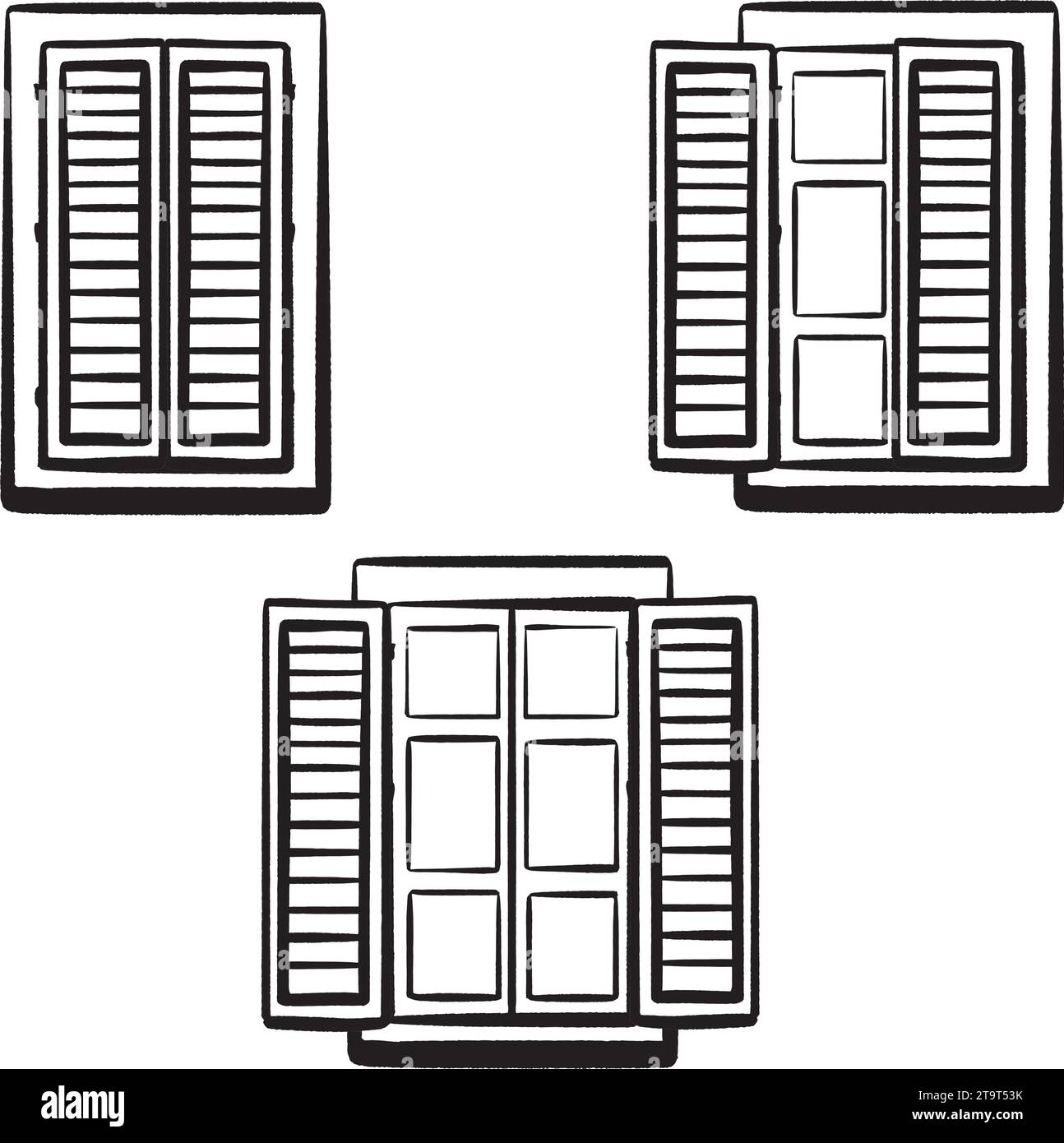 Einstellen. Verschiedene offene geschlossene Fenster. Tinte Hand gezeichneter Vektor. Italienisches Fenster mit Fensterläden. Holzrahmen. Symbol italienischer Häuser in der Altstadt. Öffnen Stock Vektor