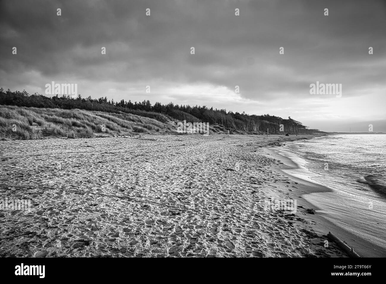 Sonnenuntergang am Weststrand an der Ostsee in schwarz-weiß. Wellen, Strand, bewölkter Himmel und die letzten Sonnenstrahlen an der Küste. Querformat Stockfoto