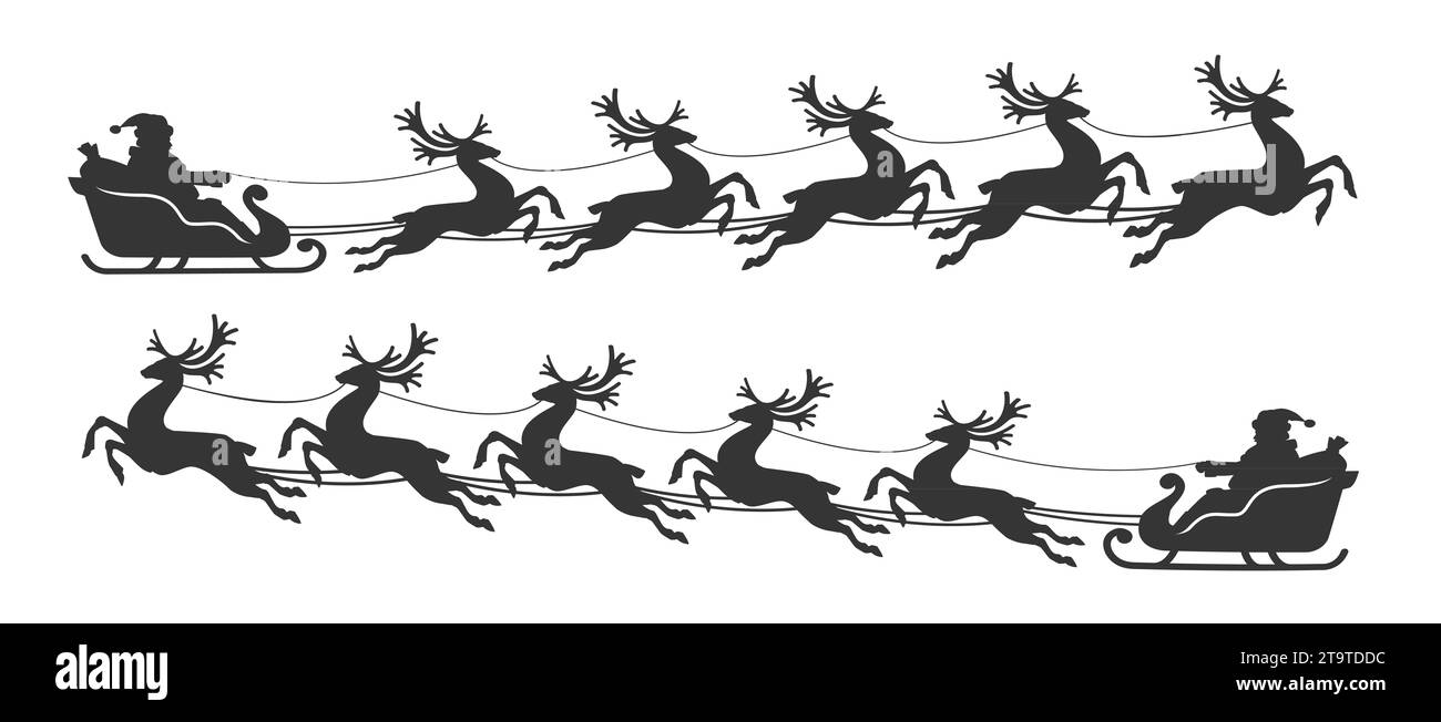 Silhouette des Weihnachtsmanns in einem Schlitten voller Geschenke mit fliegenden Rentieren. Frohe Weihnachten und frohe Neujahrsdekoration Stockfoto