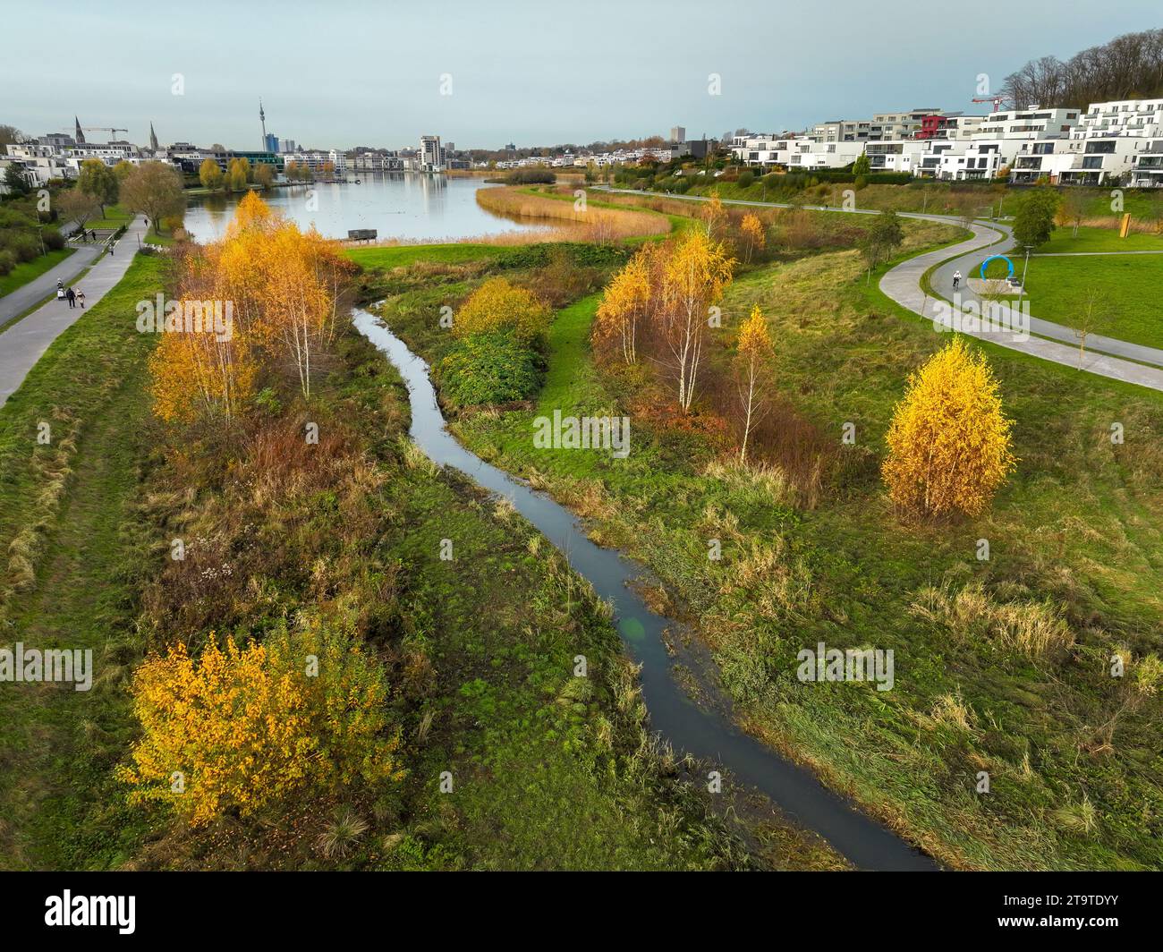 Dortmund, Nordrhein-Westfalen, Deutschland - Phönixsee, vor dem renaturierten Emscher. Der Fluss wurde in ein naturnahes Wasser verwandelt Stockfoto