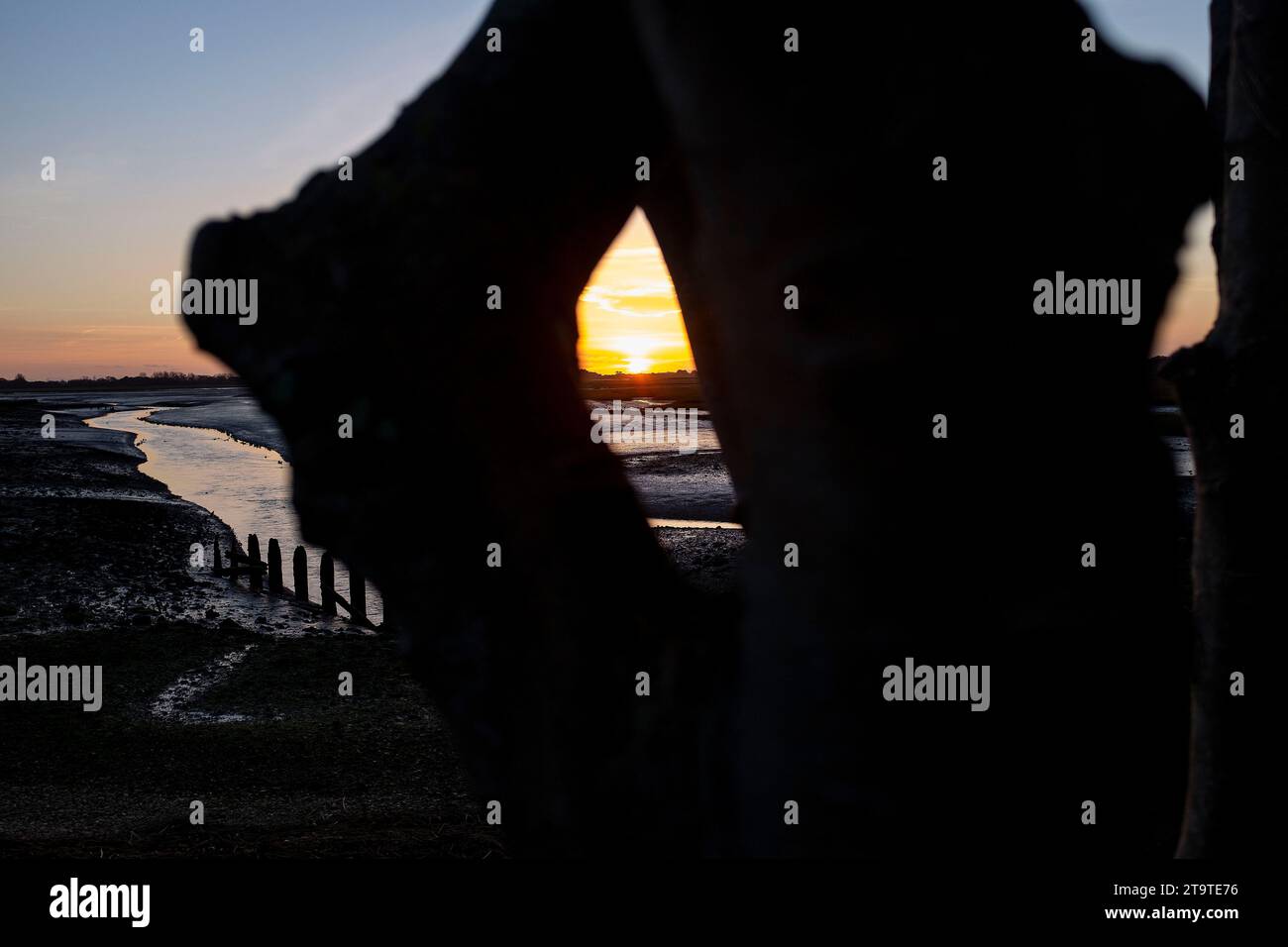 Sonnenuntergang im Naturschutzgebiet Pagham Harbour RSPB bei Ebbe an einem Herbstnachmittag, West Sussex, England Großbritannien Stockfoto