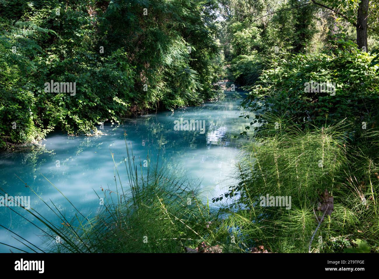 Das milchige Wasser des Flusses Elsa entlang des Diboratto Wasserfallweges in der Toskana, Mittelitalien, ist ein beliebtes Ziel zum Schwimmen und Wandern. Stockfoto