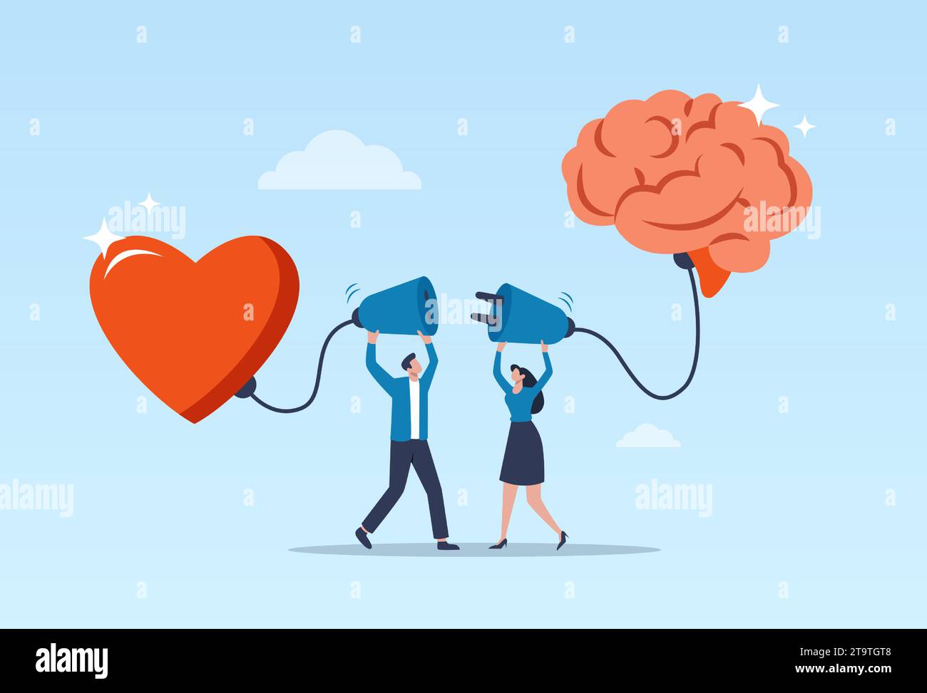 Emotionale Intelligenz und Gefühlskontrolle. Vektor eines Mannes und einer Frau verbinden das Herz mit dem Gehirn. Stock Vektor