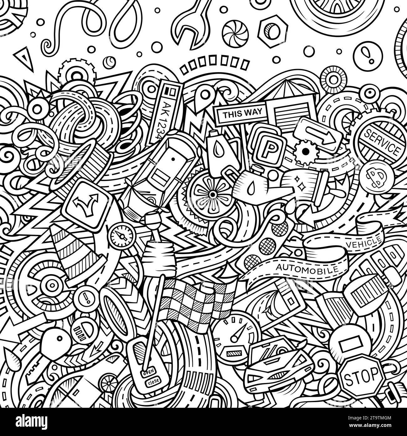 Cartoon niedlichen Kritzeleien Fahrzeug Frame-Karte. Line Art detailliert, mit vielen Objekten Hintergrund. Alle Objekte getrennt. Grenze mit Autos Symbole und Gegenstände Stock Vektor