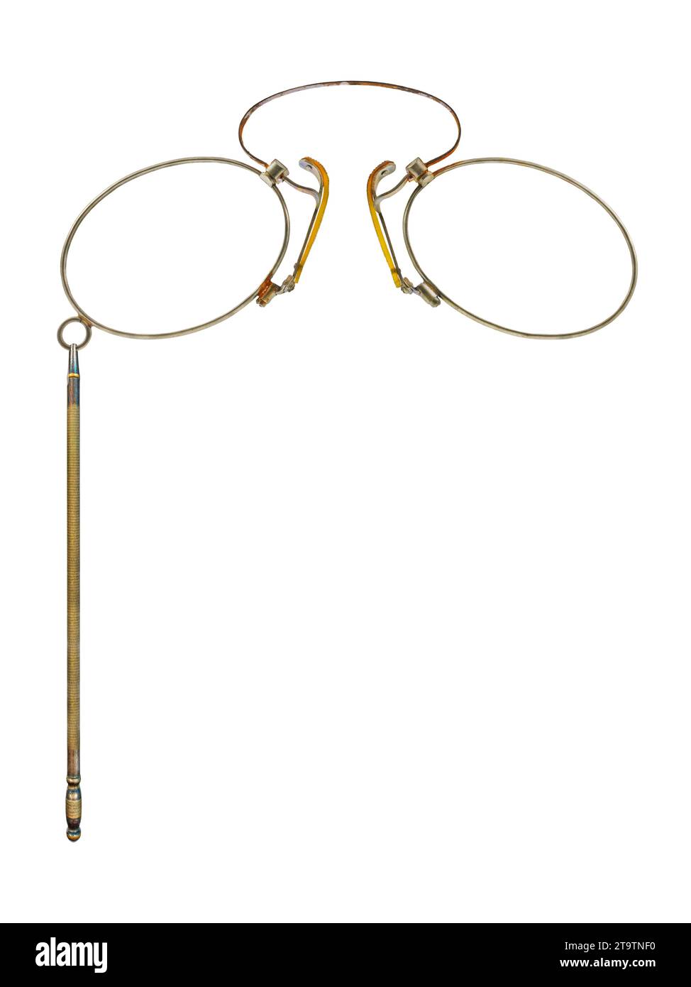 Runde Vintage-Brille mit Griff isoliert auf weißem Hintergrund Stockfoto