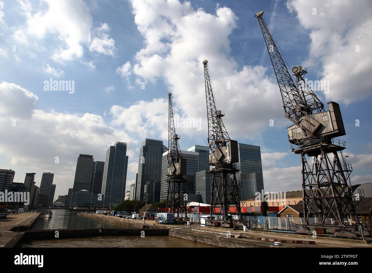 Eine allgemeine Ansicht der South Dock Krane mit Canary Wharf im Hintergrund in London, England. Stockfoto