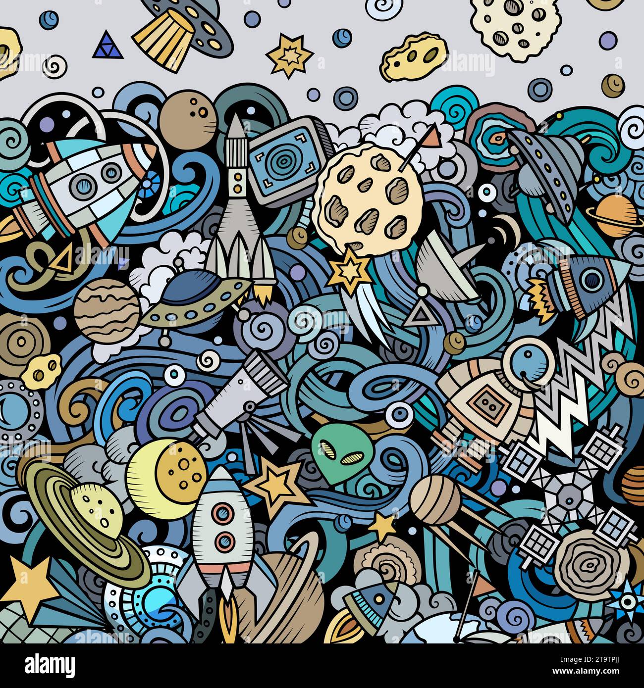 Cartoon-Vektor kritzelt Space Frame. Bunt, detailreich, mit vielen Objekten im Hintergrund. Helle Farben kosmischen lustigen Rand Stock Vektor