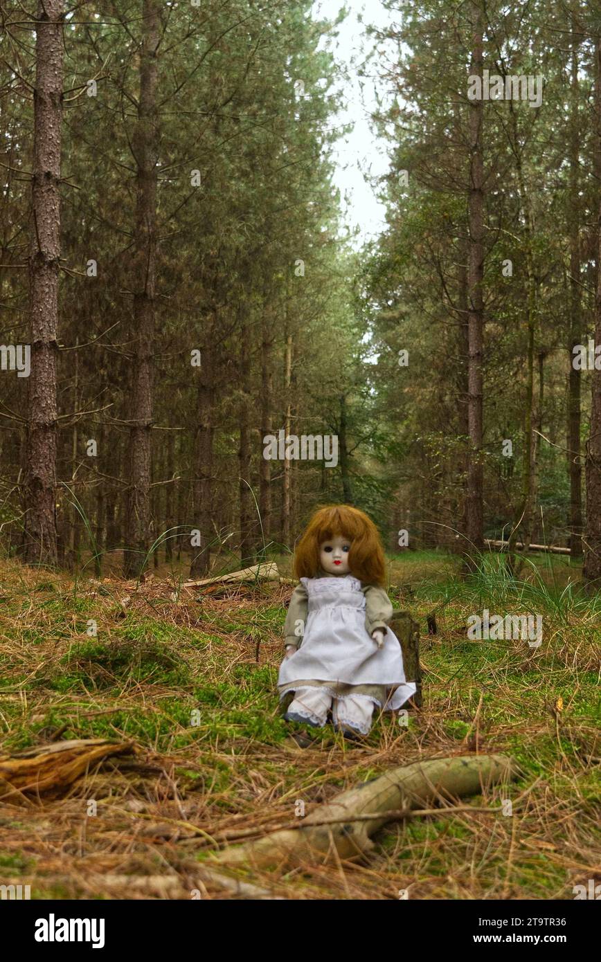 Gruselige 1-äugige Puppe, die im Wald sitzt, im Horrorthriller-Stil. Stockfoto