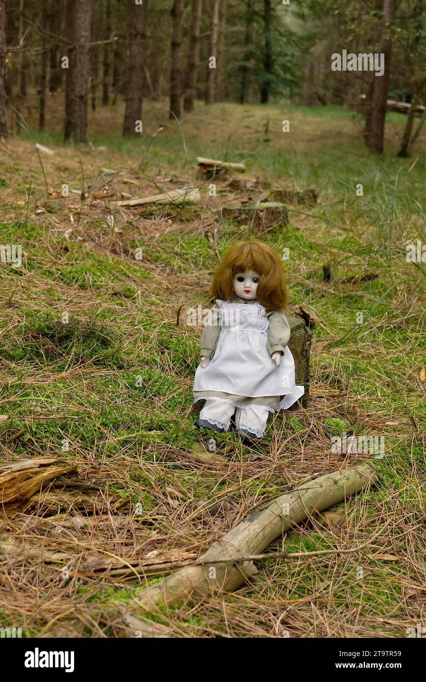 Gruselige 1-äugige Puppe, die im Wald sitzt, im Horrorthriller-Stil. Stockfoto