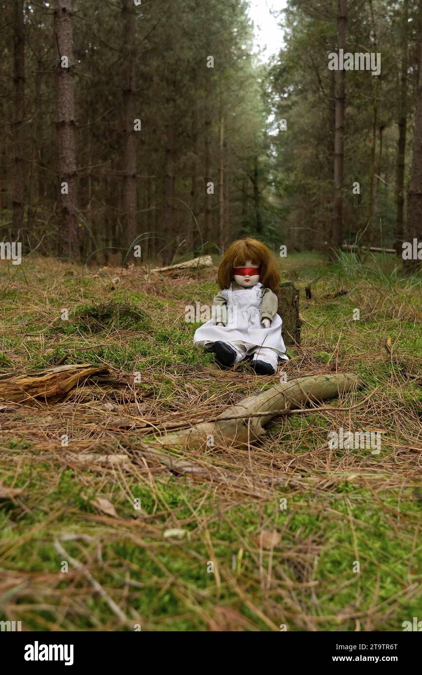 Gruselige 1-äugige Puppe, die im Wald sitzt, im Horrorthriller-Stil. Stockfoto