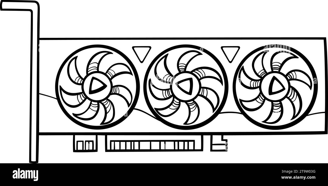 Schwarz-weiße Zeichentrickdarstellung der Grafikkarte Computerkomponente Objekt Clip Art Ausmalseite Stock Vektor