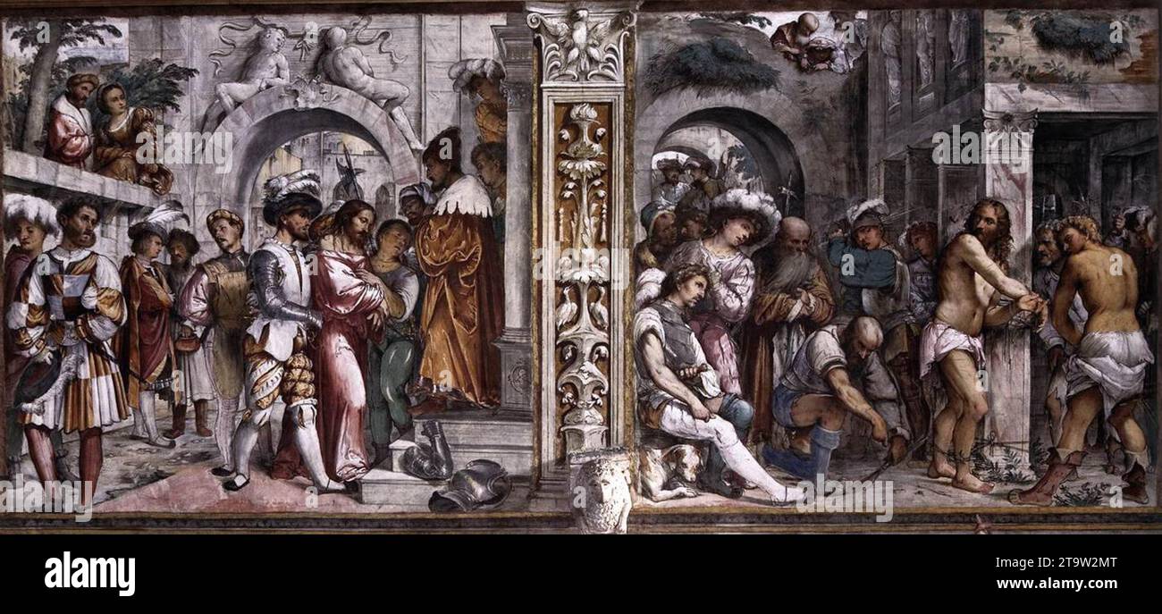 Christus vor Pilatus und Geißelung Christi 1519 durch Girolamo Romanino Stockfoto