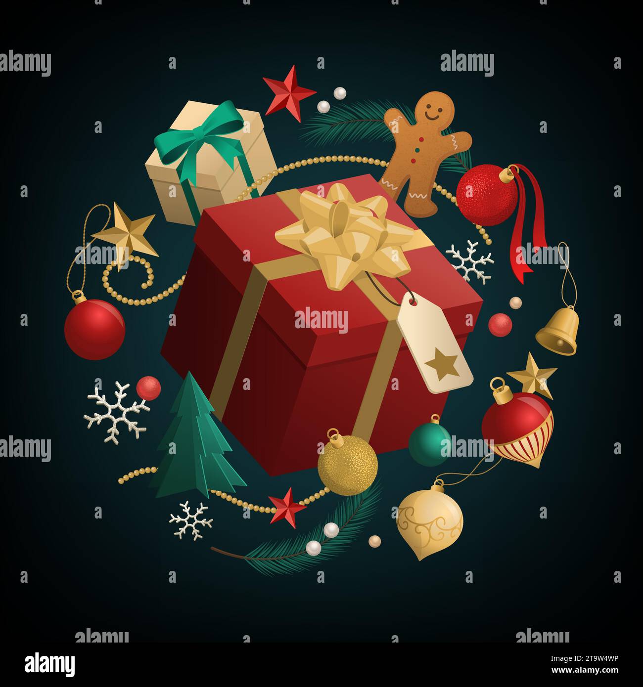 Weihnachtsgeschenk umgeben von Ornamenten, Konzept für Feiertage und Feierlichkeiten Stock Vektor