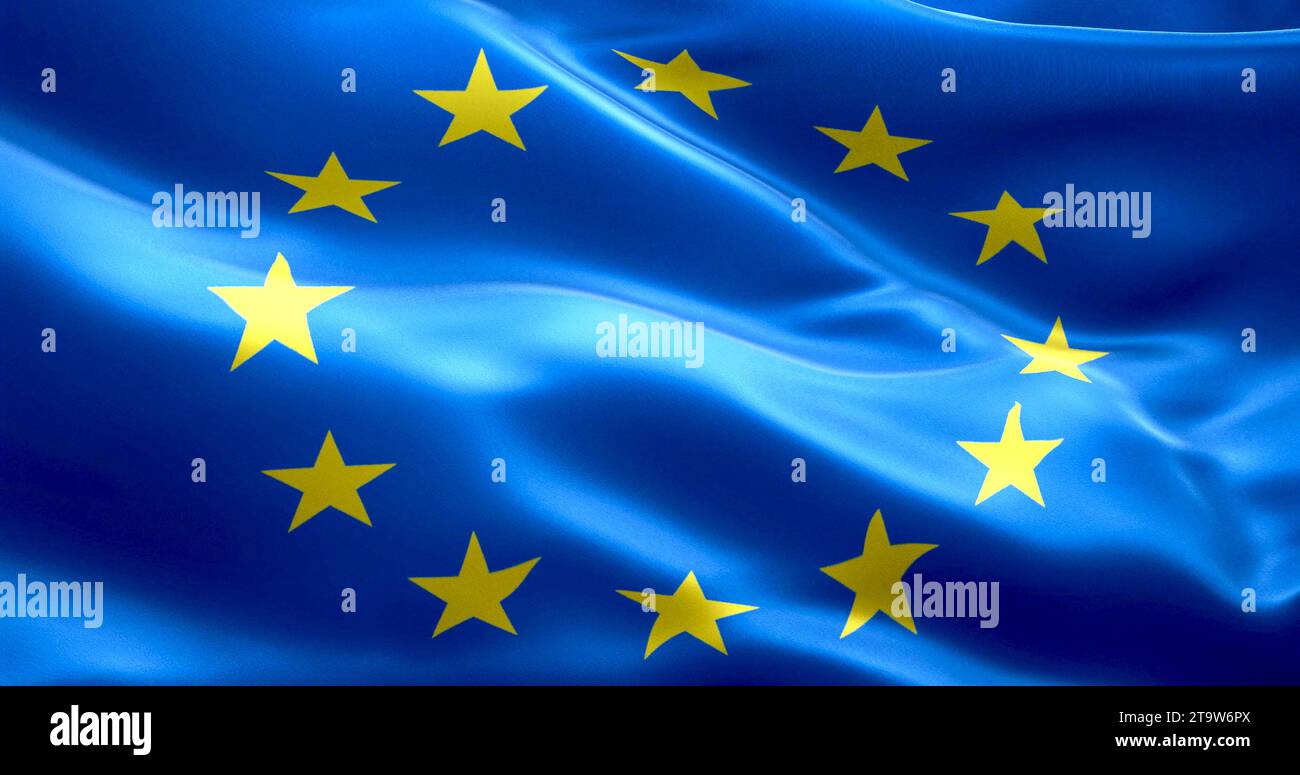 EU-Flagge, Euro-Flagge, Flagge der europäischen union winkend, gelber Stern auf blauem Hintergrund Stockfoto