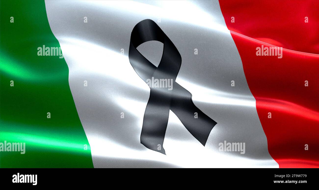 Betet für italien, winkt mit schwarzem Band die italienische Landesflagge, Opfer in italien Stockfoto