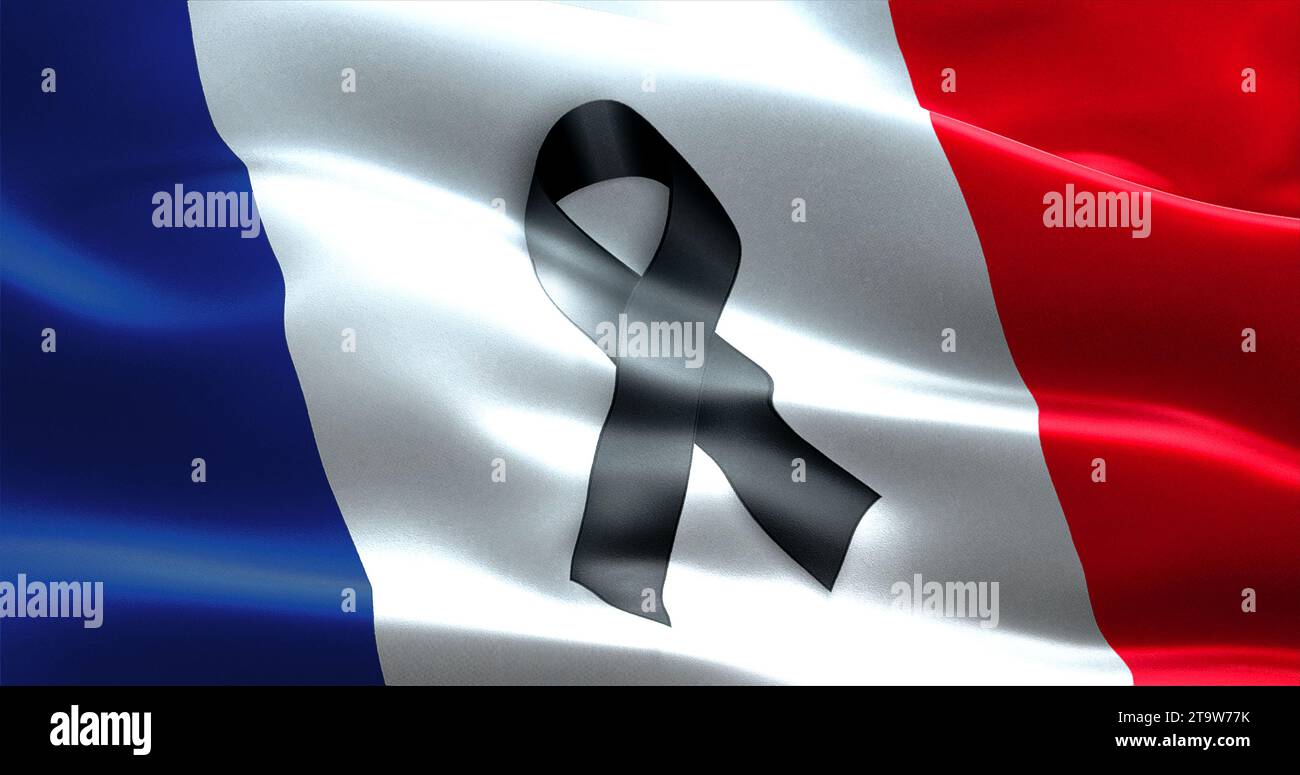 Betet für frankreich, winkelt mit farbigem Hintergrund der französischen Landflagge mit schwarzem Band, Opfer in frankreich Stockfoto