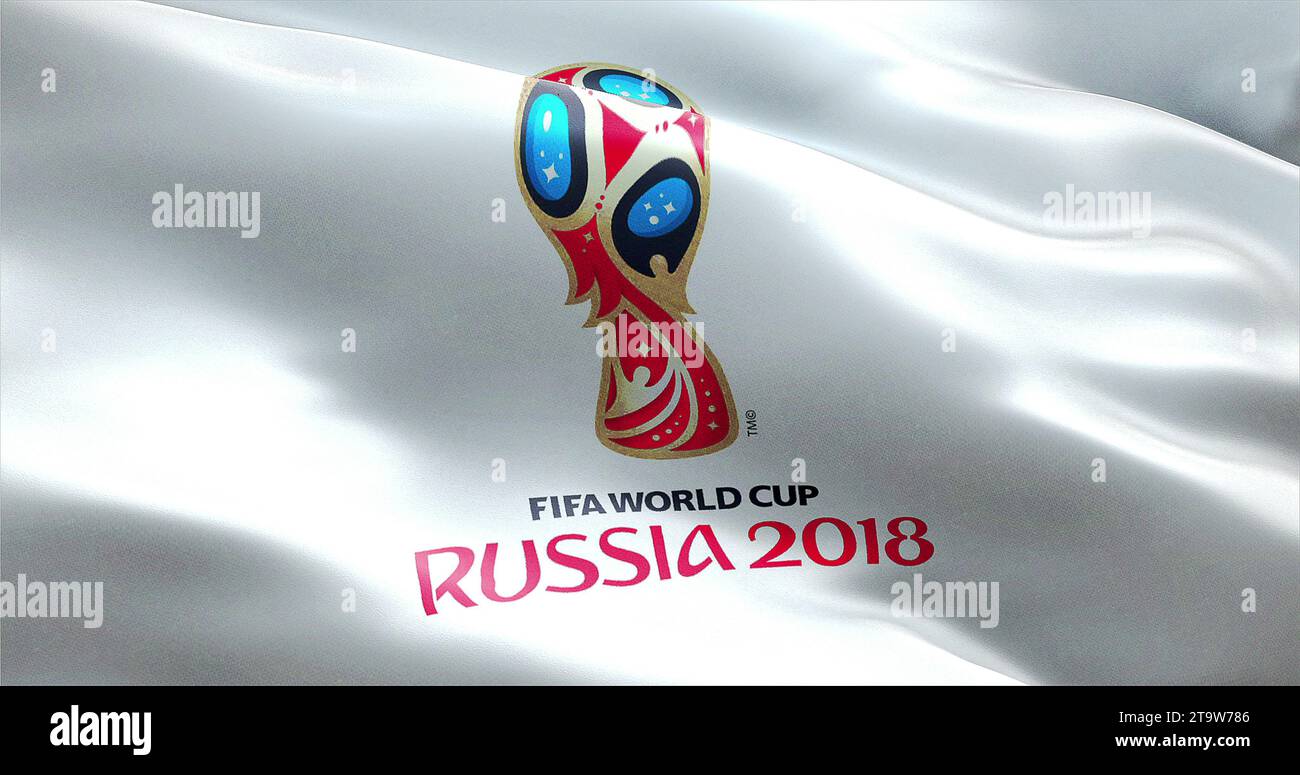 Moskau, Russland, 14. Juni 2018, FIFA - gewellte Textur der Flagge des offiziellen Logos der Fußball-Weltmeisterschaft in Russland 2018, nur redaktionelle Verwendung Stockfoto