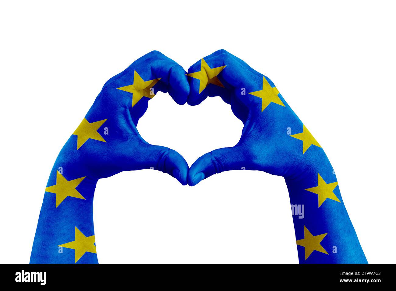 Beten Sie für europa, Menschenhände in Herzform mit der Flagge europas auf weißem Hintergrund, Konzept für Hoffnung und hilfreiche Unterstützung für die Opfer der europäischen Gewalt Stockfoto