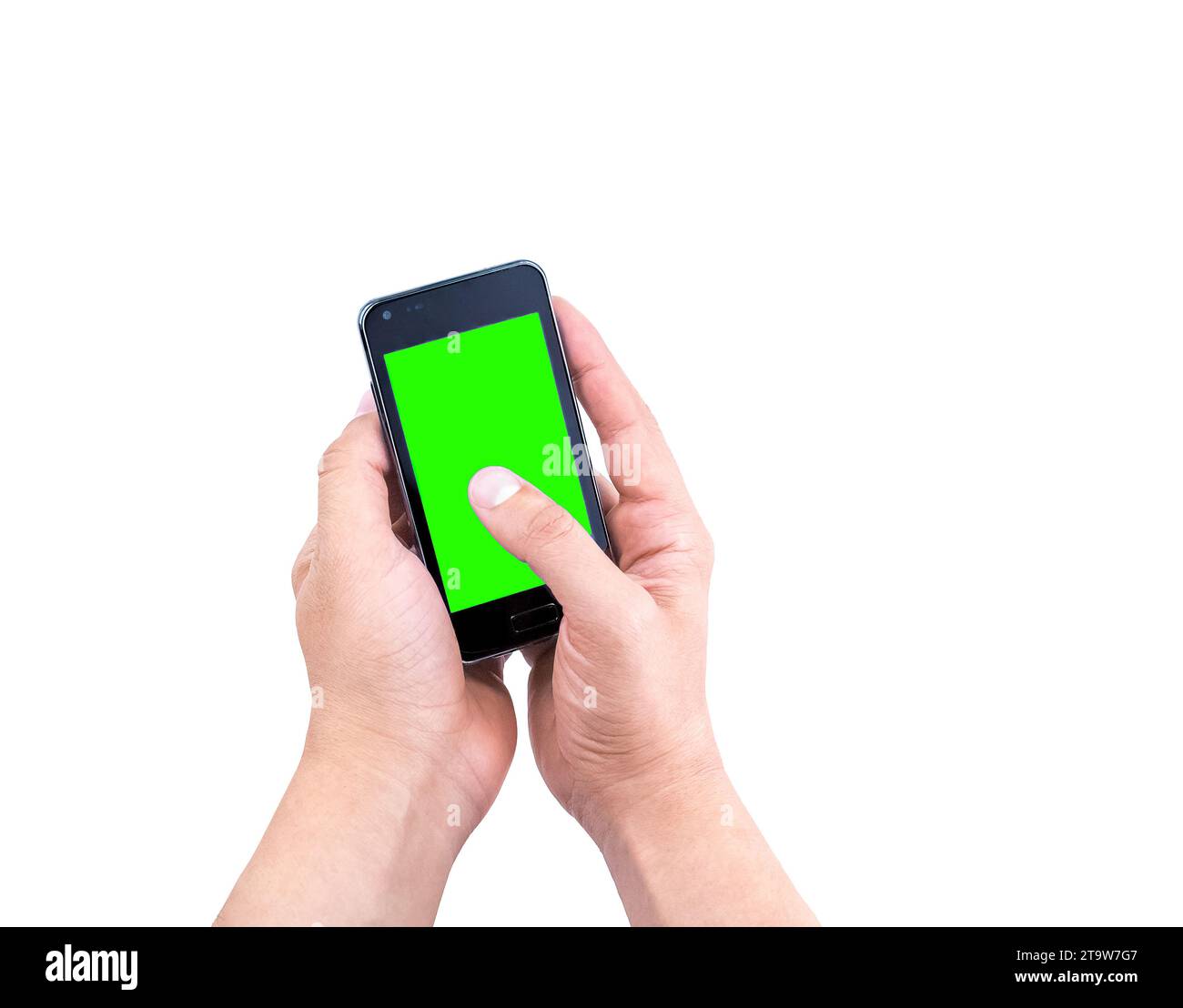 Hand-of-man-Handy mit Chroma-Schlüssel-grünem Bildschirm auf weißem Hintergrund, neues Technologiekonzept Stockfoto
