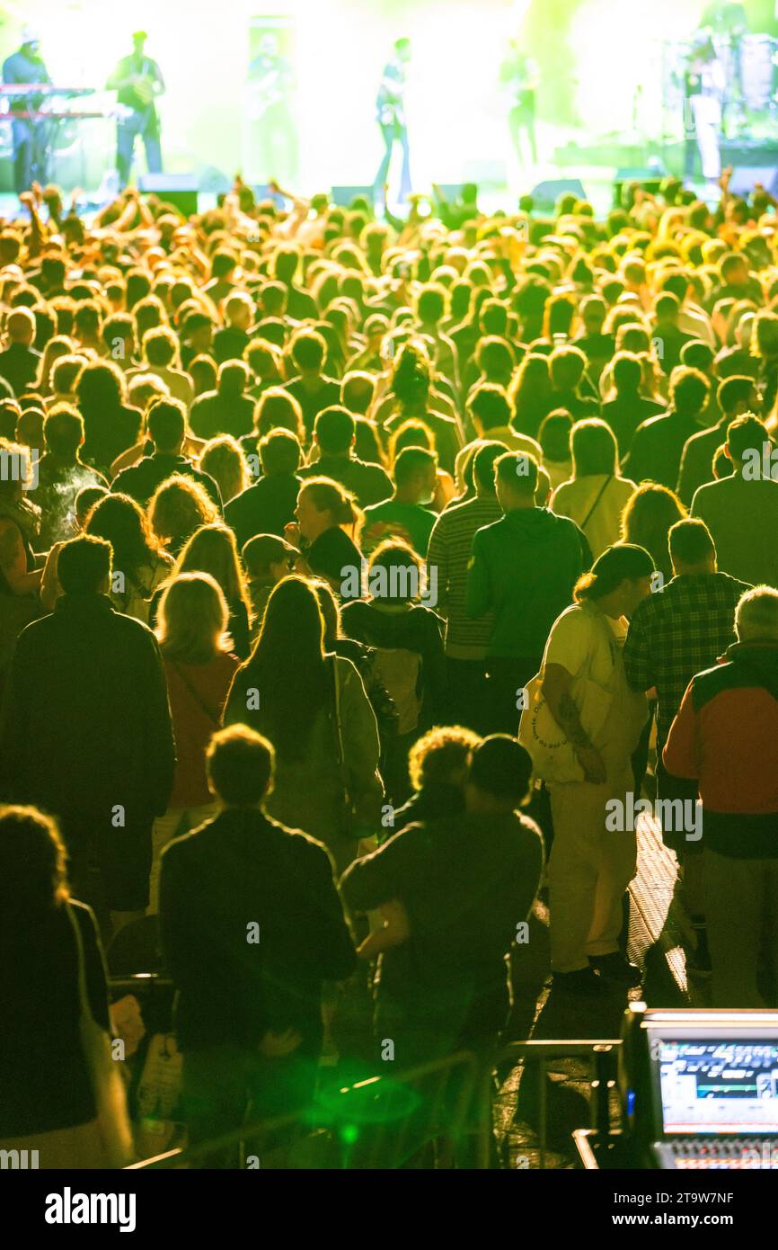 Glückliche Leute, die die Auftritte einer beliebten Band genießen Stockfoto