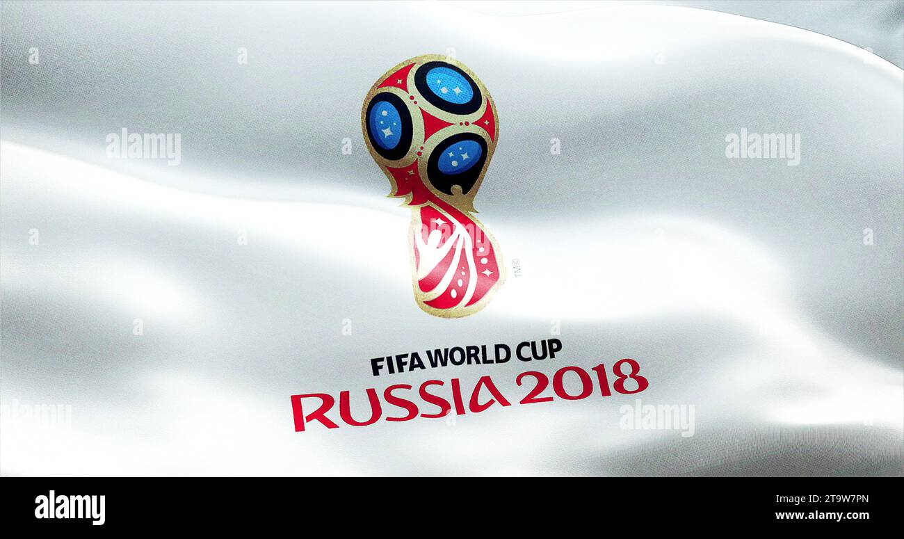 Offizielles Logo der Weltmeisterschaft in Russland 2018, im Wind winkende Flagge, russland um Juni 2018 Stockfoto