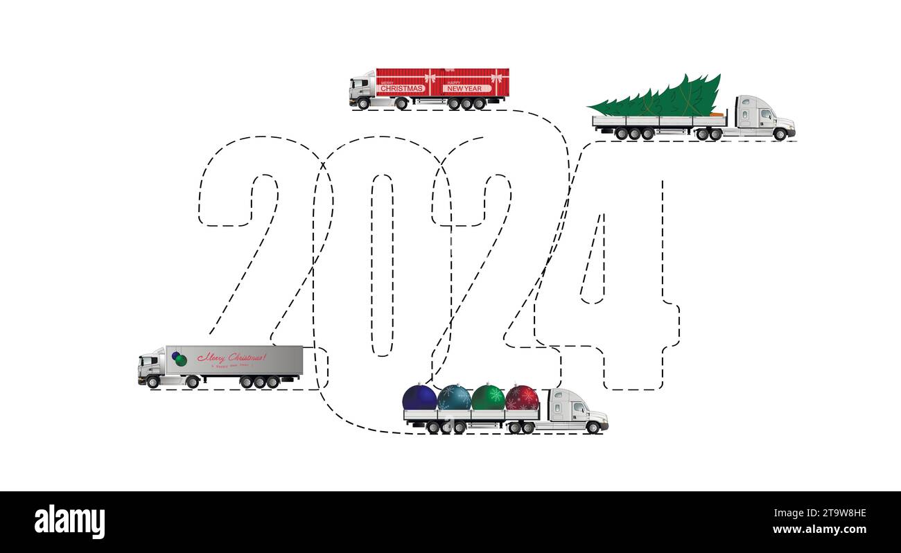 Geschenk-Lieferkonzept für Weihnachten und Neujahr. Route im Jahr 2024. Vektorabbildung. Stock Vektor