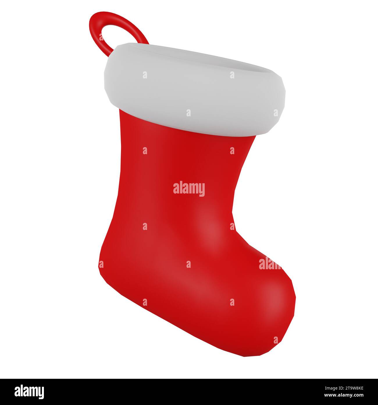 Festliche rote Socke mit Weihnachtsmustern, bereit für Überraschungen und Aufhängen am Kamin. Stockfoto
