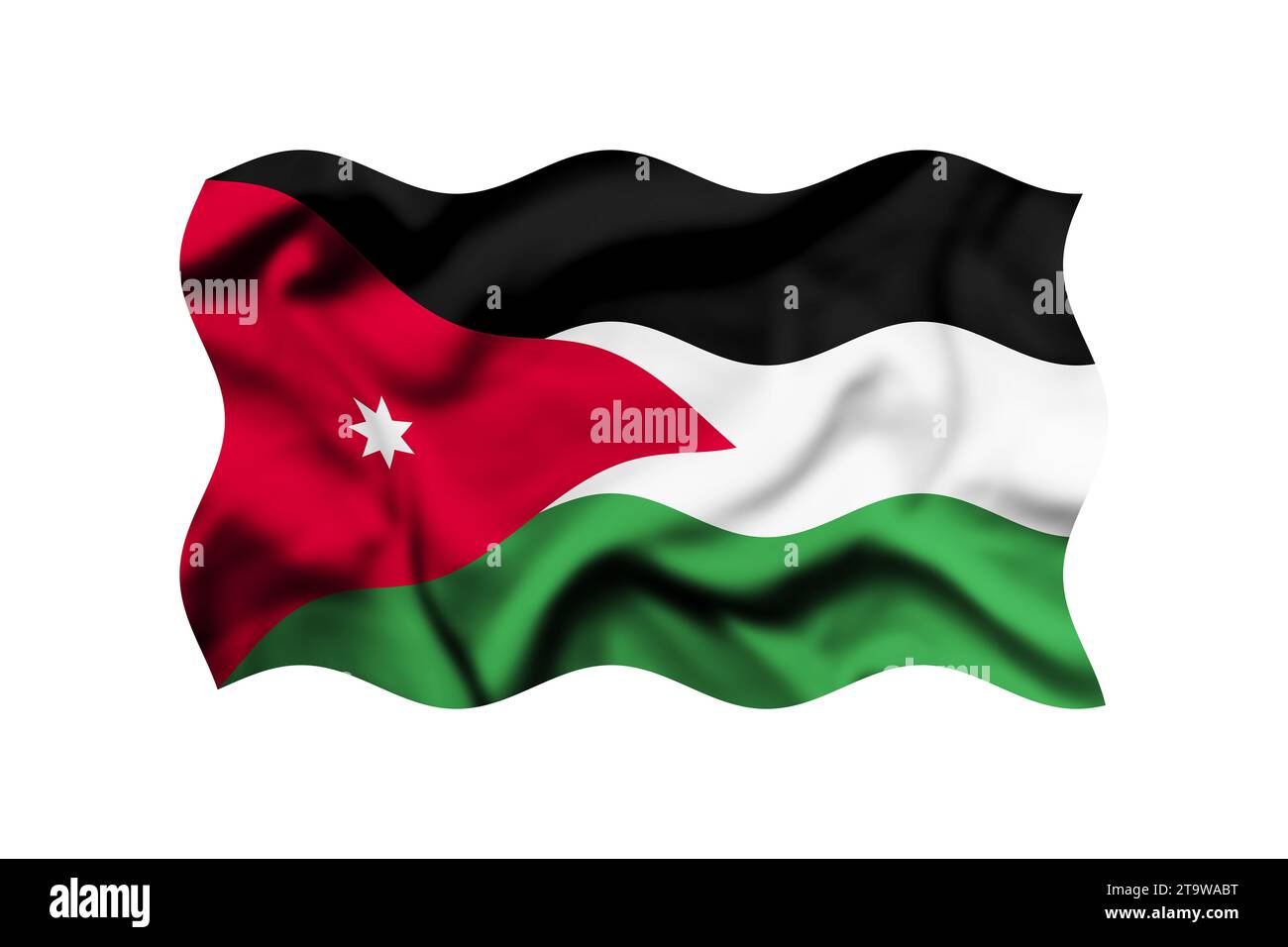 Schwenkende Flagge Jordaniens isoliert auf weiß, 3D-Rendering, Schnittpfad enthalten Stockfoto