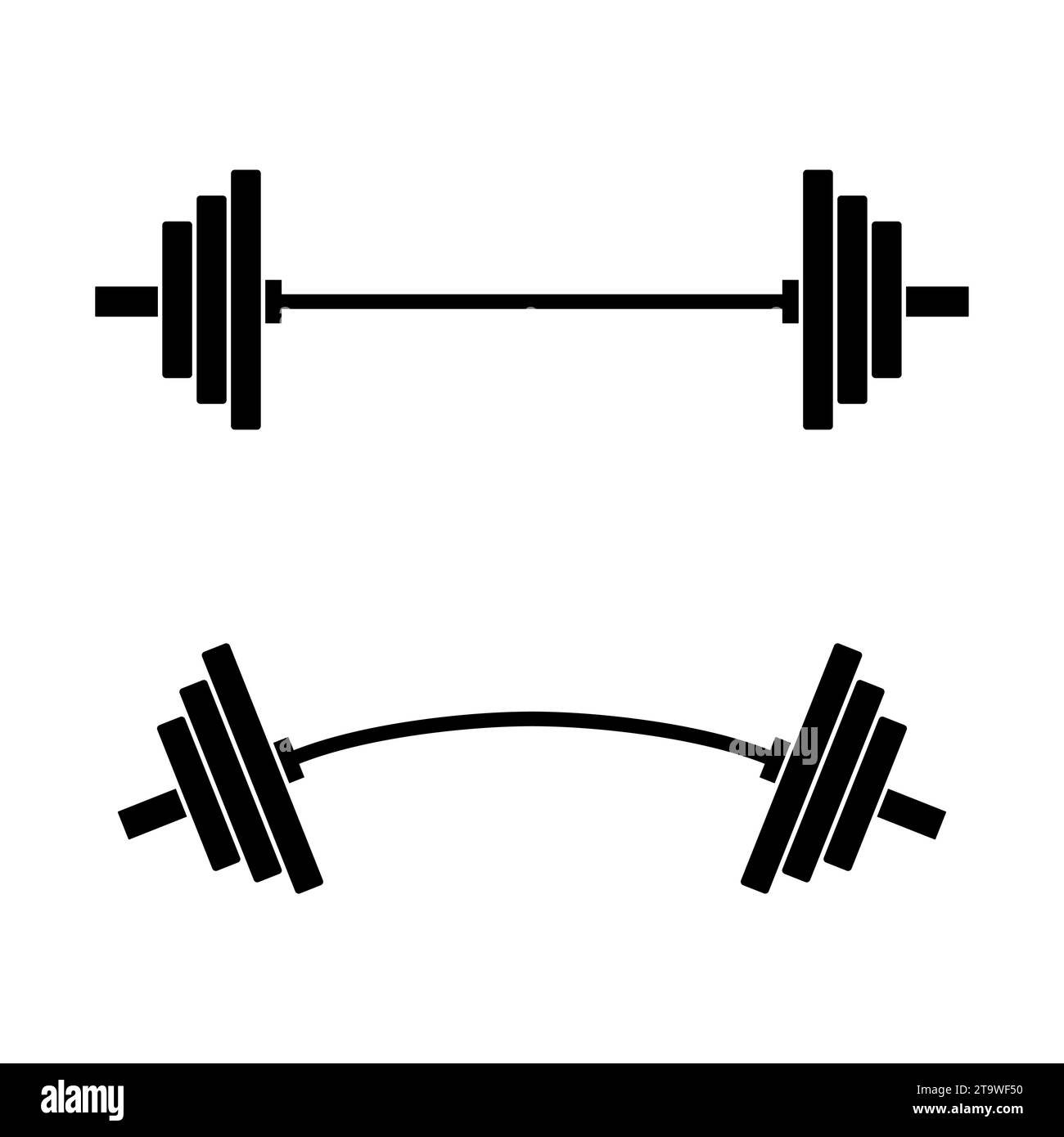 Gerades und gebogenes Langhantelsymbol auf weißem Hintergrund. Geräte für Gewichtheben, Bodybuilding, Fitnessstudio, Crossfit, Workout, Symbol für Fitnessklub. Stock Vektor