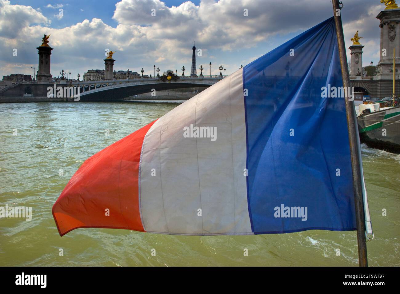 Französische Trikolore Ufer & Eiffelturm Paris Frankreich Stockfoto