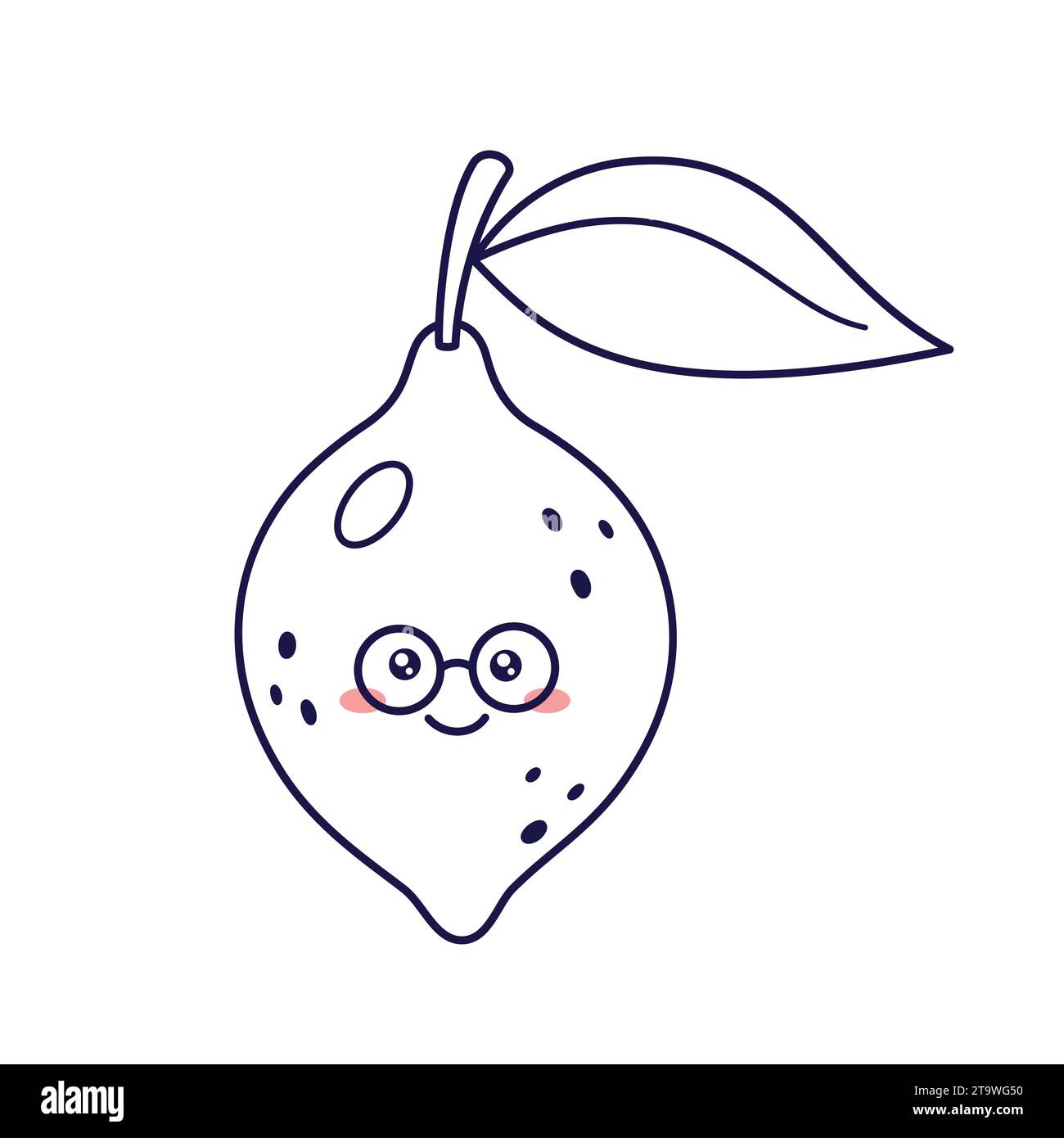 Süße Kawaii Lemon Figur mit Brille. Vektor Hand gezeichnete Linie Kunst Kinder Icon Illustration. Zitronencharakter im Doodle-Stil. Isoliert auf weißem Backgr Stock Vektor